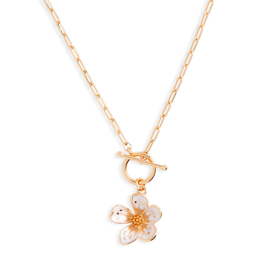 Gold necklace with a floral pendant on a white background