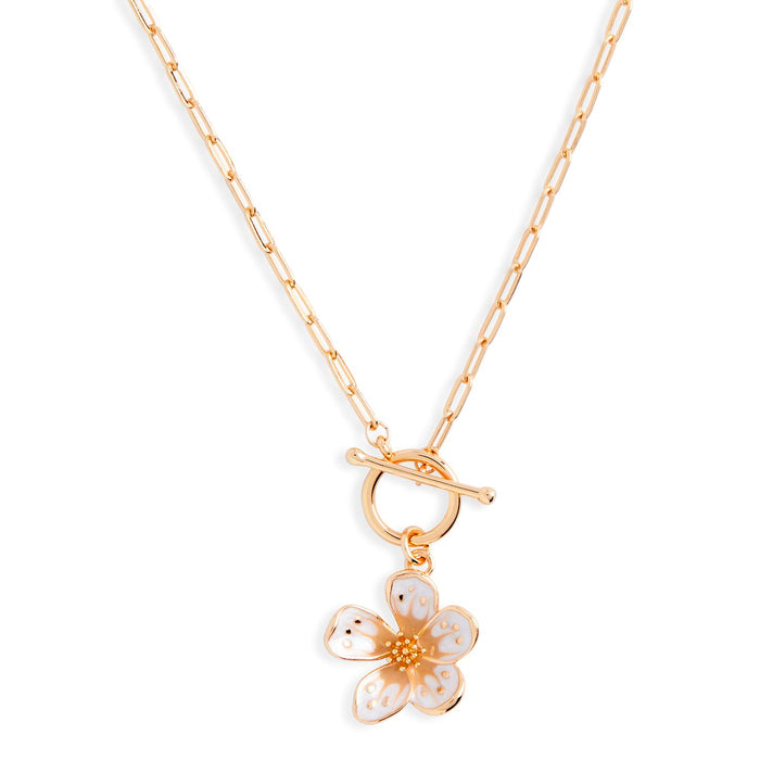 Gold necklace with a floral pendant on a white background
