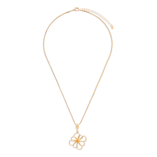 Gold necklace with a floral pendant on a white background