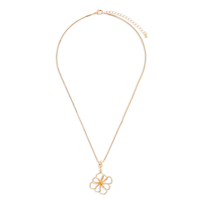 Gold necklace with a floral pendant on a white background