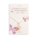 Gold necklace with a floral pendant on a white card featuring 'Elisabeth Hays' branding.