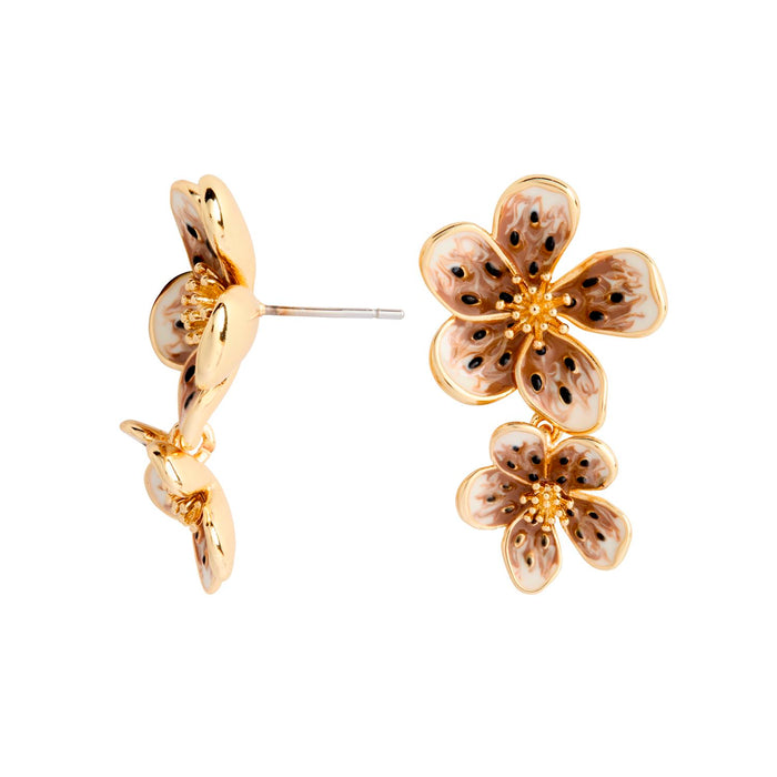 Gold flower-shaped earrings on a white background