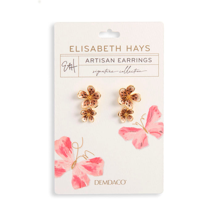 Gold floral earrings on a 'Elisabeth Hays' branded card with pink butterfly illustrations.