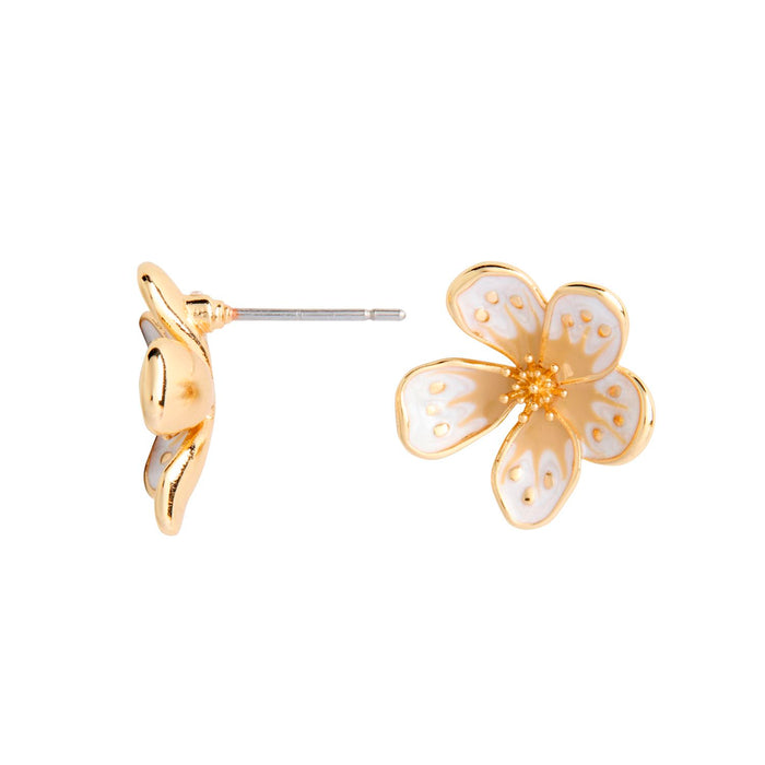 Gold and white floral earrings on a white background