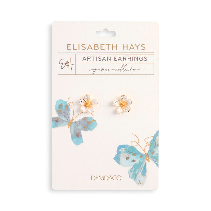Packaged butterfly earrings by Elisabeth Hays on a white background