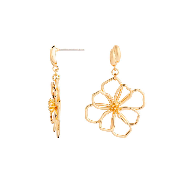 Gold flower-shaped earrings on a white background