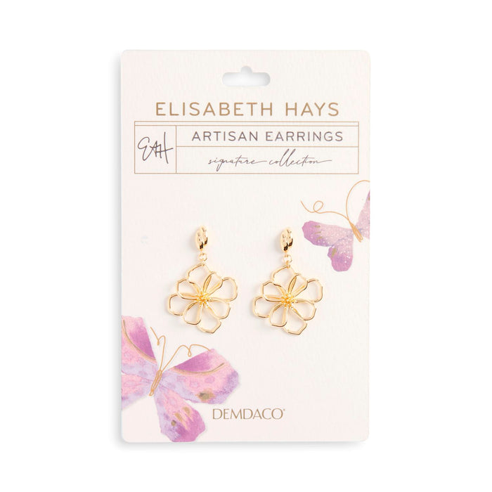 Gold floral earrings on a 'Elisabeth Hays' branded card with butterflies.