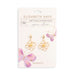 Gold floral earrings on a 'Elisabeth Hays' branded card with butterflies.