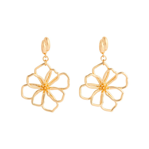 Gold flower-shaped earrings on a white background