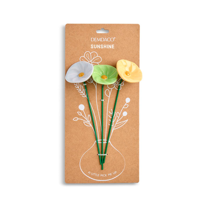 Packaged set of three colorful flowers on a brown cardboard backing with 'Demdaco Sunshine' branding.