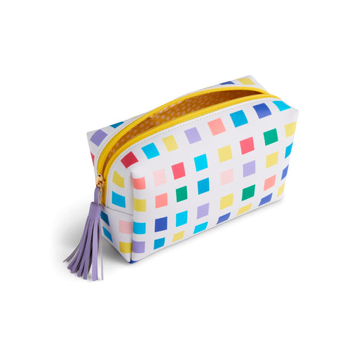 A white zippered pouch with a colorful grid pattern of pastel and bright squares, featuring a purple tassel zipper pull and a yellow zipper track, shown on a white background.