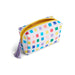 A white zippered pouch with a colorful grid pattern of pastel and bright squares, featuring a purple tassel zipper pull and a yellow zipper track, shown on a white background.