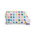 A white zippered cosmetic pouch with a colorful grid pattern of pastel and bright squares, featuring a yellow zipper, a purple tassel, and a round paper tag that reads 'DEMODACO + Copenhagen'.