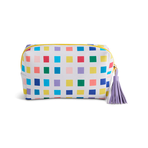 A white cosmetic pouch with a colorful grid pattern of small squares in various colors, featuring a yellow zipper and a purple tassel charm.