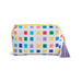 A white cosmetic pouch with a colorful grid pattern of small squares in various colors, featuring a yellow zipper and a purple tassel charm.