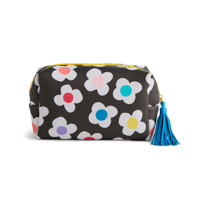 A black cosmetic pouch featuring a white daisy pattern with colorful flower centers, a yellow zipper, and a blue tassel zipper pull, shown on a white background.