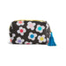 A black cosmetic pouch featuring a white daisy pattern with colorful flower centers, a yellow zipper, and a blue tassel zipper pull, shown on a white background.