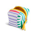 A small zippered pouch with a colorful striped pattern of white, purple, green, and red, featuring a yellow zipper, yellow wrist strap, and gold-tone hardware, shown on a white background.