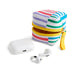 Colorful striped case with white wireless earbuds on a white background