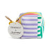 A small zippered pouch with a colorful striped pattern in purple, green, yellow, pink, and white, featuring a gold-tone keychain attachment and a white circular hangtag that reads 'DEMDACO + Ampleand DESIGN STUDIO'.