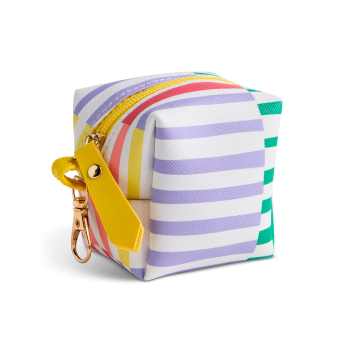 A small cube-shaped zippered pouch with pastel horizontal stripes in purple, yellow, red, green, and white, featuring a bright yellow zipper pull tab and gold-tone hardware, shown on a white background.