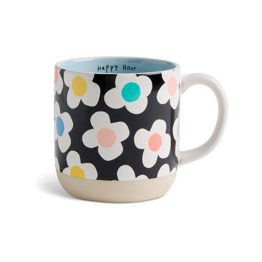 Mug with floral pattern and 'Happy Hour' text on a white background