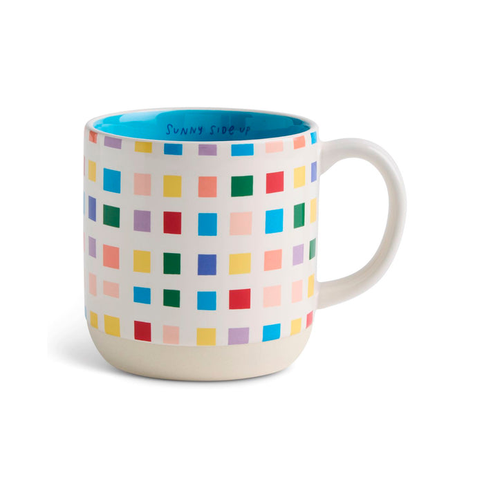 Colorful checkered mug with 'Sunny Side Up' text on a white background