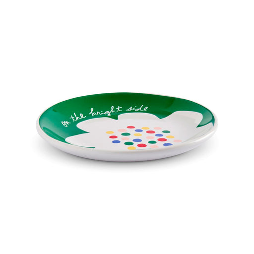 Decorative plate with colorful polka dots and text on a white background