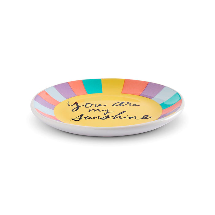 Colorful striped plate with 'You are my sunshine' text on a white background