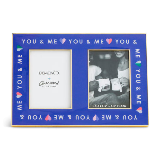 Blue photo frame with 'You & Me' text and Demdaco branding on a white background