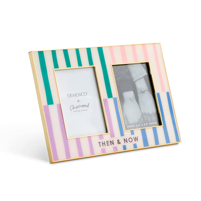 A rectangular double-photo frame with pastel vertical stripes in teal, pink, lavender, and blue, outlined in gold. The bottom center reads 'THEN & NOW' in black text.