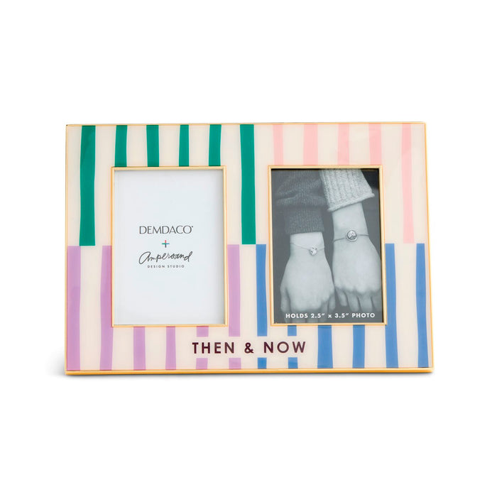 A rectangular picture frame with a pastel striped border in pink, green, purple, and blue, featuring two photo slots and the text 'THEN & NOW' at the bottom. The left insert shows the Demdaco + Angel Island Collection logo.