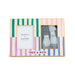 A rectangular picture frame with a pastel striped border in pink, green, purple, and blue, featuring two photo slots and the text 'THEN & NOW' at the bottom. The left insert shows the Demdaco + Angel Island Collection logo.