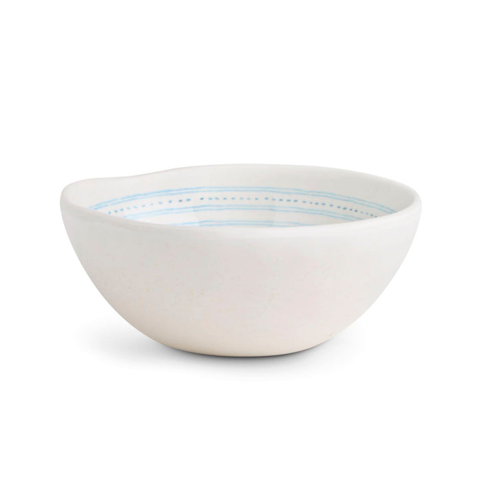 White ceramic bowl with a blue stripe on a white background