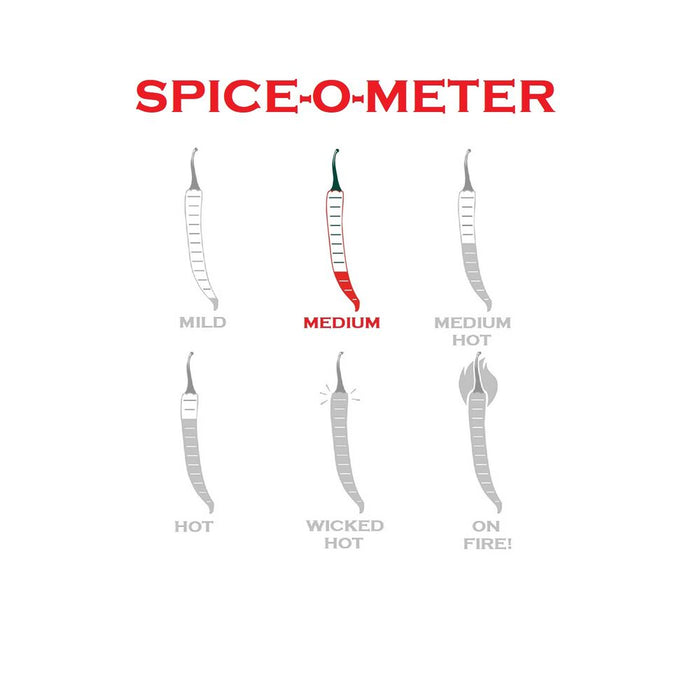 Spice-o-meter with chili pepper illustrations and corresponding heat levels on a white background.