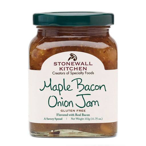 Jar of Stonewall Kitchen Maple Bacon Onion Jam on a white background