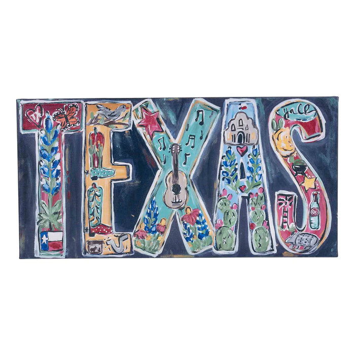Colorful 'TEXAS' sign with various symbols on a blue background