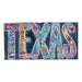 Colorful 'TEXAS' sign with various symbols on a blue background