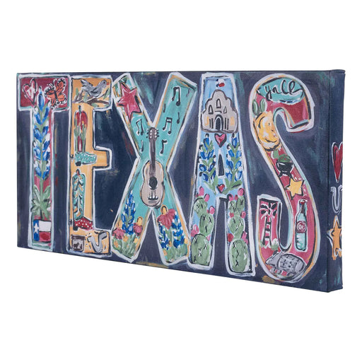 Decorative sign with colorful letters spelling 'TEXAS' on a white background