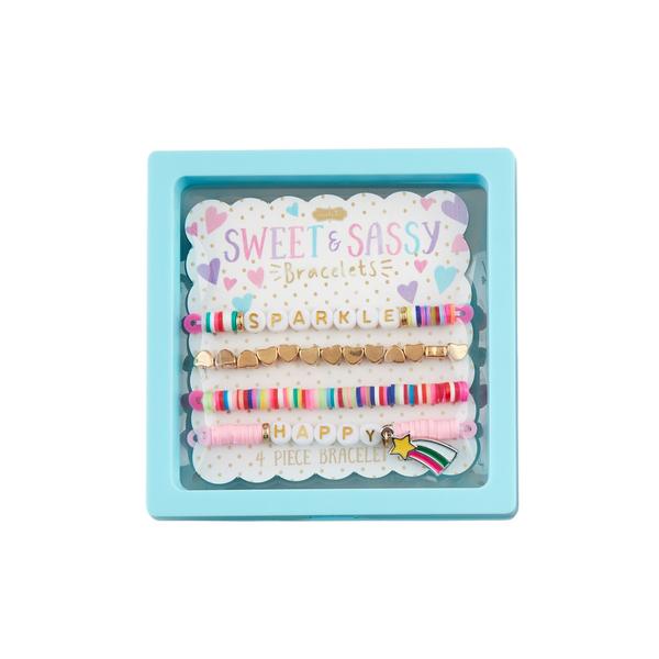 Set of colorful bracelets in a 'Sweet & Sassy' branded box on a white background