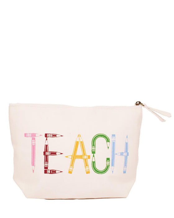 Beige pouch with 'TEACH' text and colorful pencils on a white background