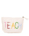 Beige pouch with 'TEACH' text and colorful pencils on a white background