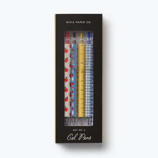 Set of 4 gel pens in a Rifle Paper Co. packaging on a white background