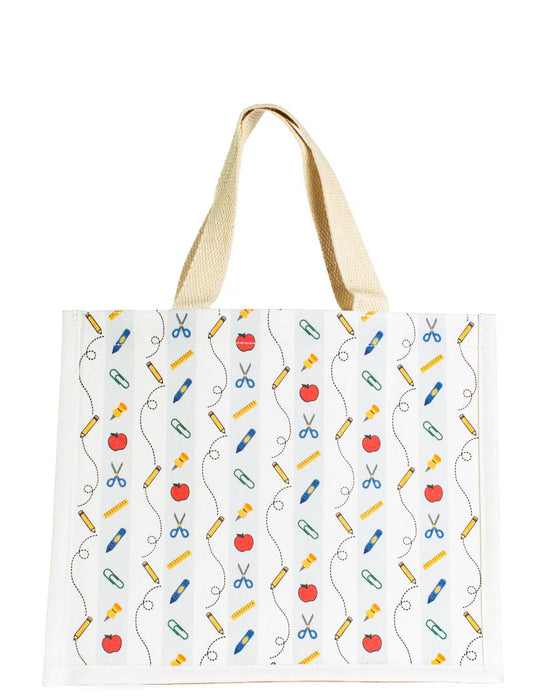 Tote bag with school supplies pattern on a white background