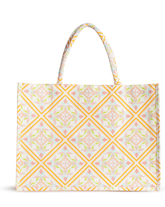 Tote bag with a geometric pattern on a white background