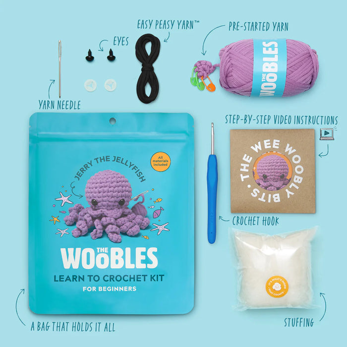 Crochet kit for beginners with all necessary materials on a light blue background