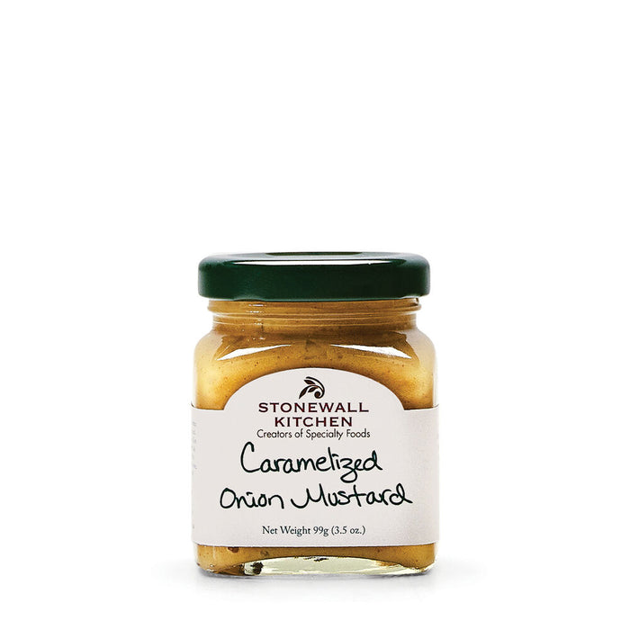 Jar of Stonewall Kitchen Caramelized Onion Mustard on a white background