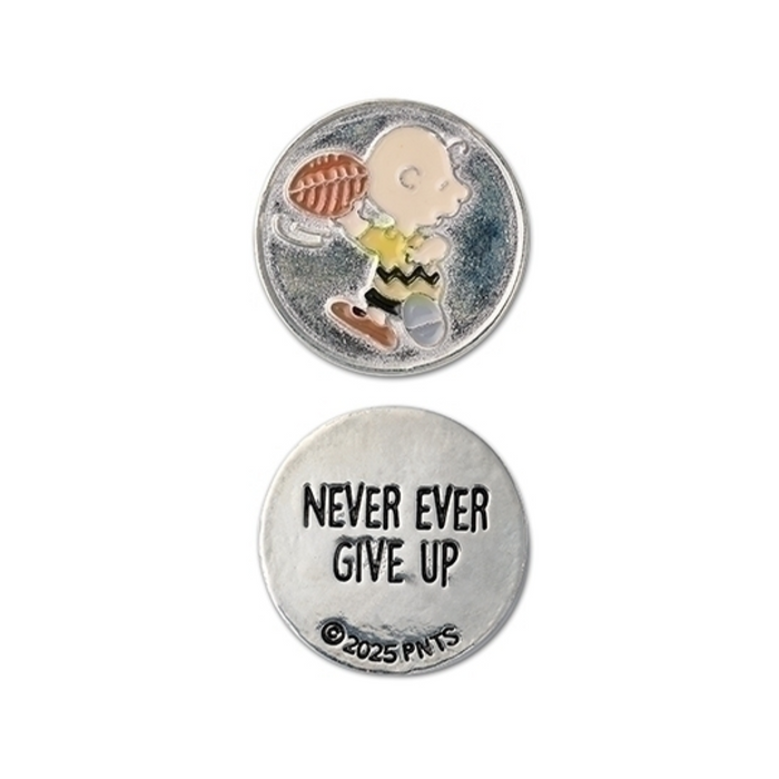 Circular metal coin with cartoon character and 'Never Ever Give Up' text on a white background
