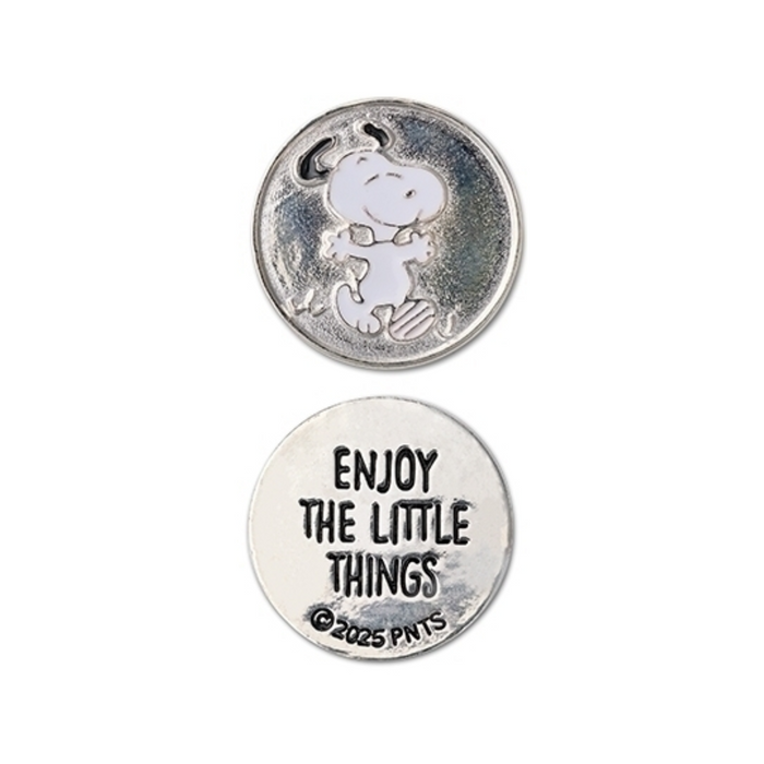 Two silver charms featuring a cartoon character and 'Enjoy the Little Things' text on a white background.