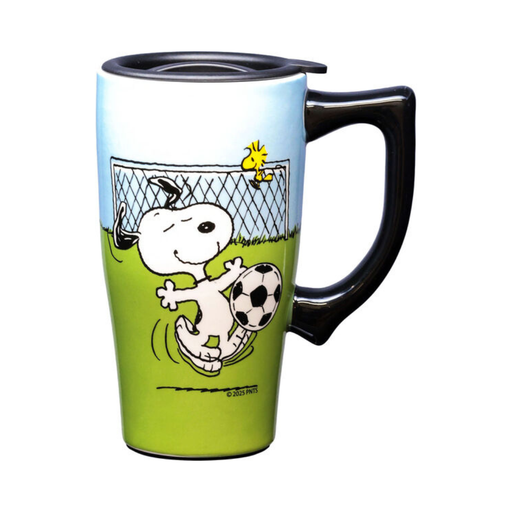 Travel mug with cartoon design of a dog playing soccer, on a white background